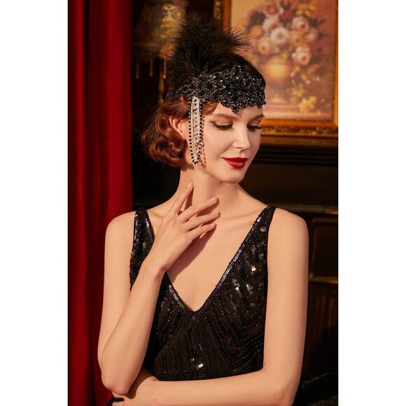 Women\'s 1920s Flapper Feather Headband with Rhinestones for Gatsby Party main image 5